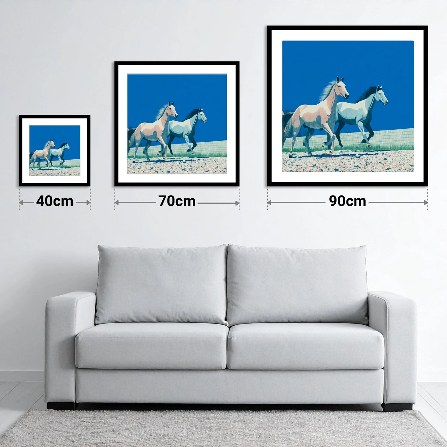 Azure Horizon Strides - size guide showing 40cm, 70cm and 90cm art prints