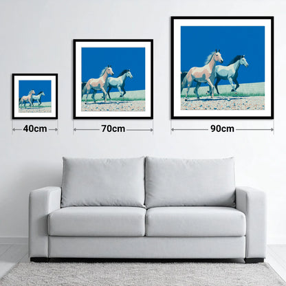 Azure Horizon Strides - size guide showing 40cm, 70cm and 90cm art prints