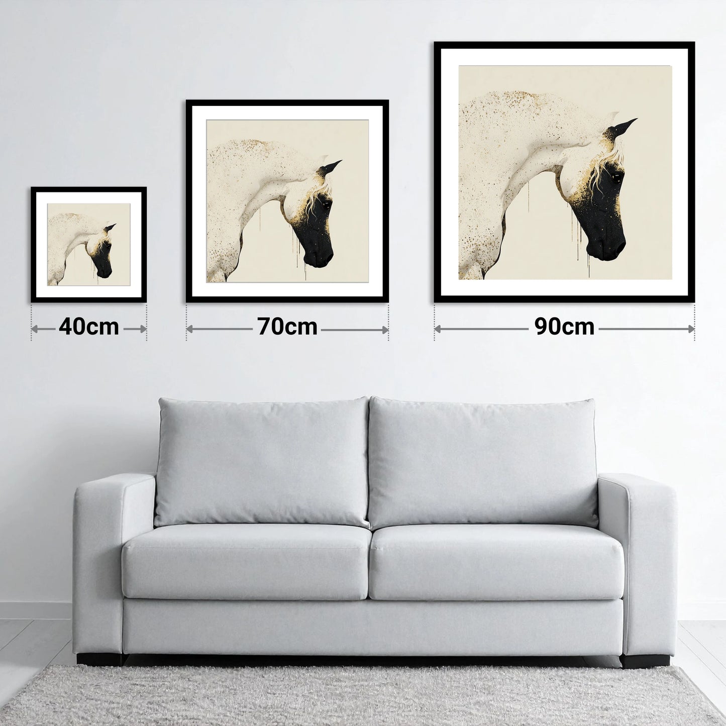 Gilded Splendour - size guide showing 40cm, 70cm and 90cm art prints