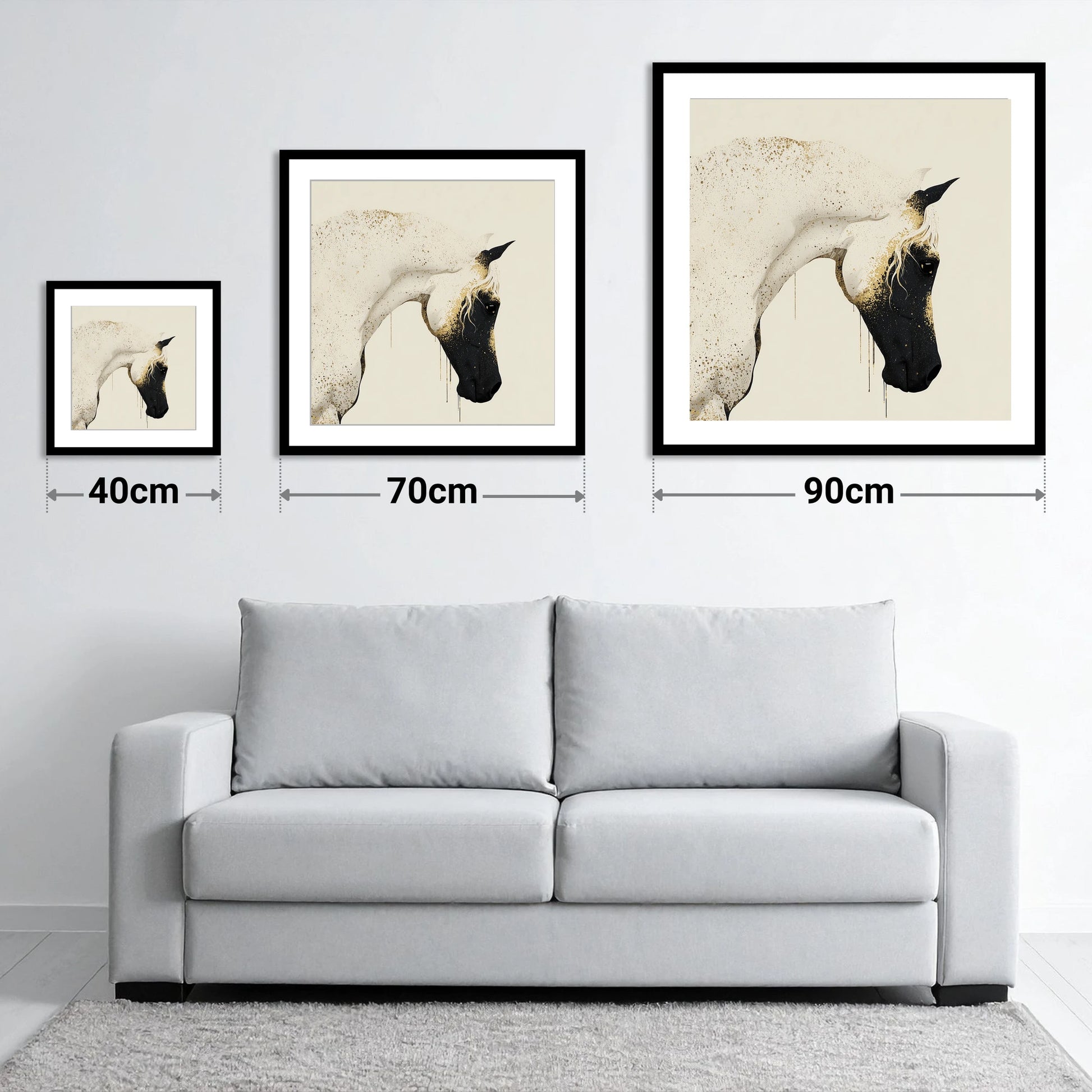 Gilded Splendour - size guide showing 40cm, 70cm and 90cm art prints