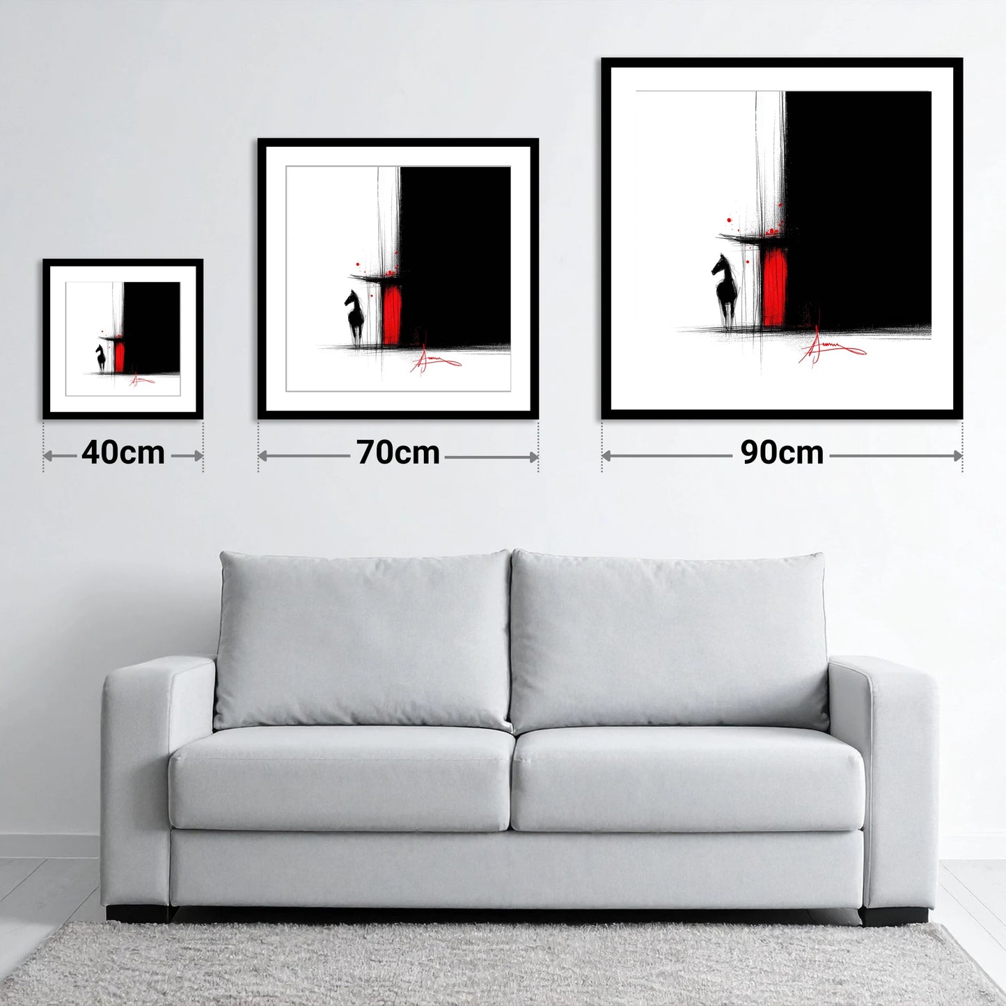 Crimson Stable Door - size guide showing 40cm, 70cm and 90cm art prints
