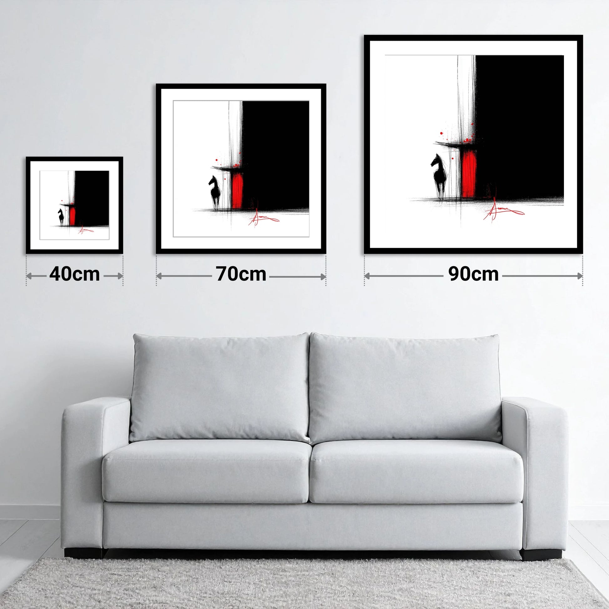 Crimson Stable Door - size guide showing 40cm, 70cm and 90cm art prints