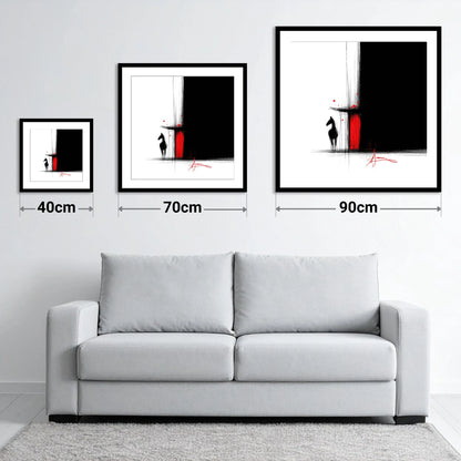 Crimson Stable Door - size guide showing 40cm, 70cm and 90cm art prints