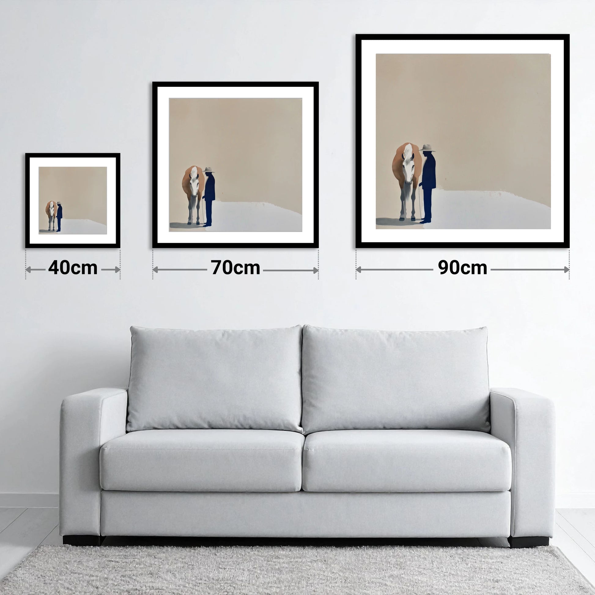 Quiet Companionship - size guide showing 40cm, 70cm and 90cm art prints