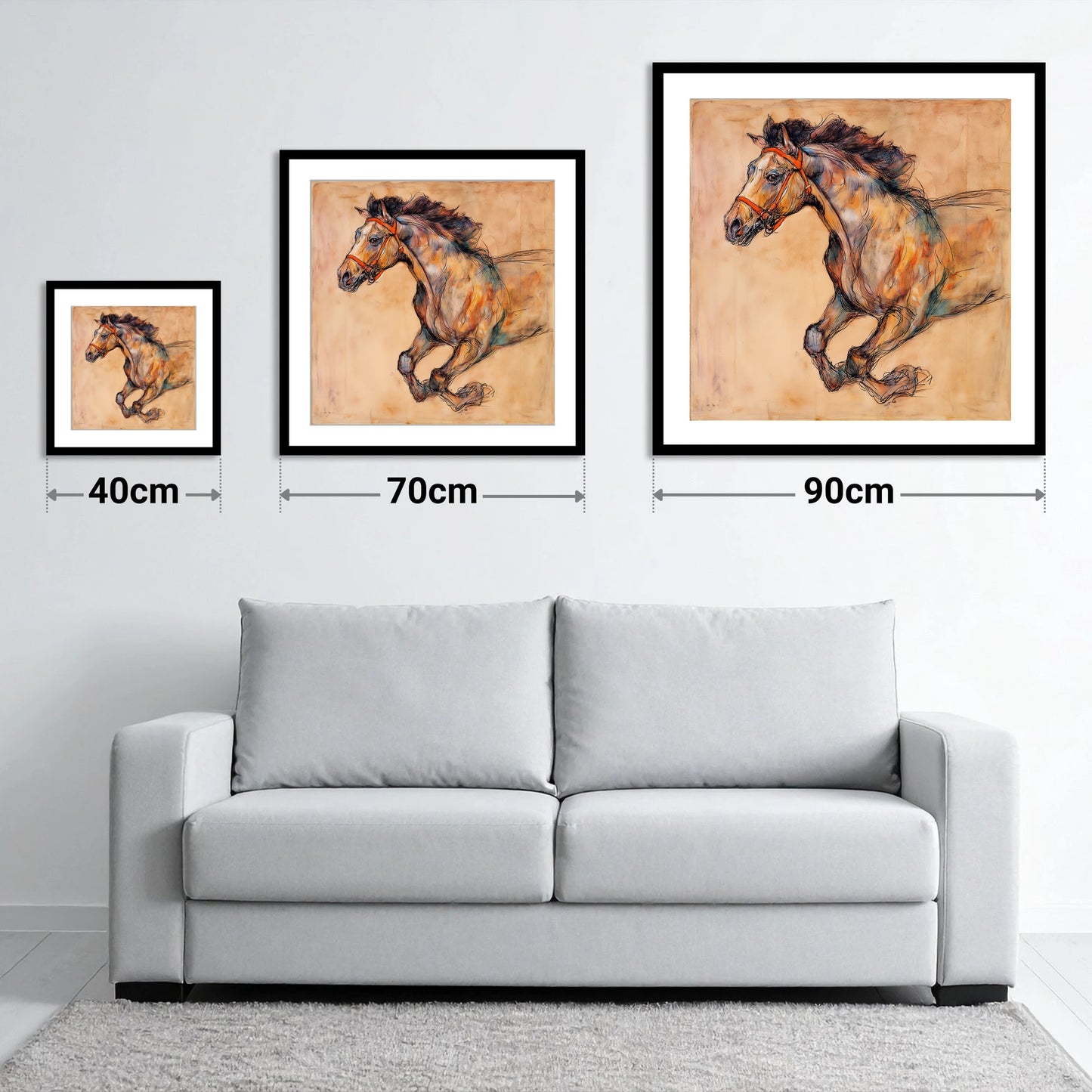 The Morning Gallop - size guide showing 40cm, 70cm and 90cm art prints