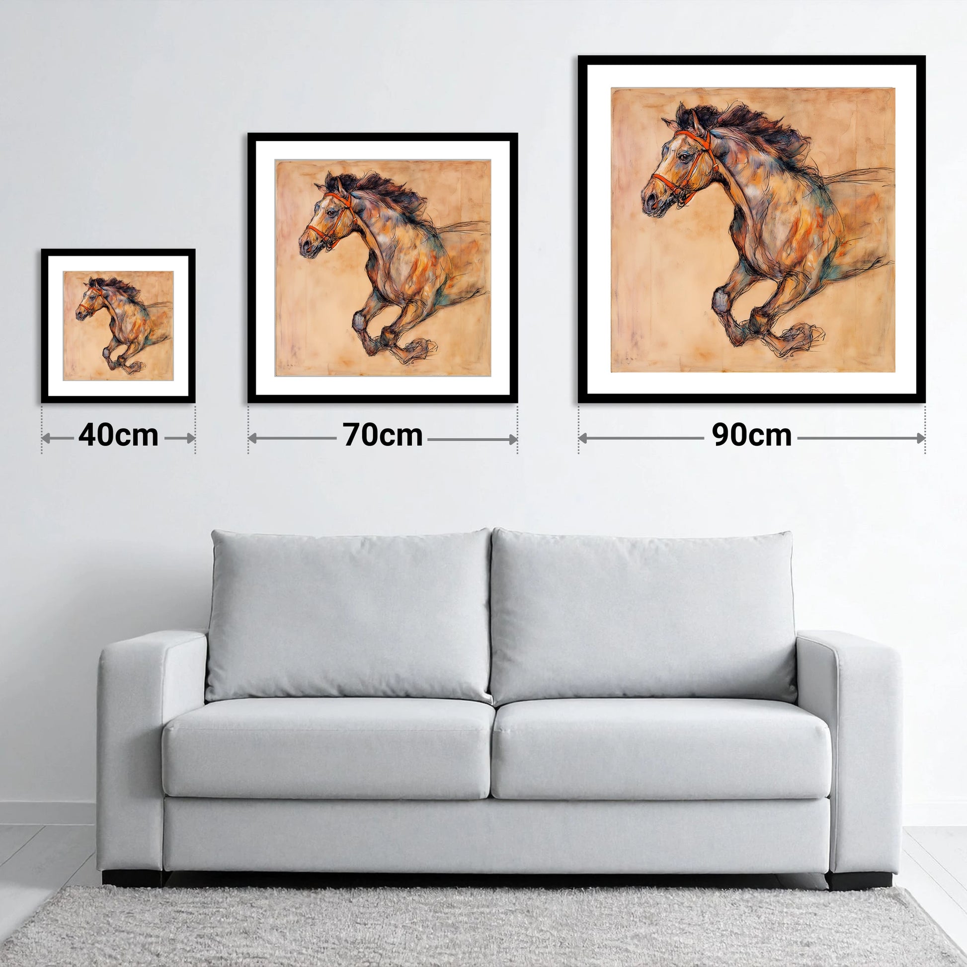 The Morning Gallop - size guide showing 40cm, 70cm and 90cm art prints
