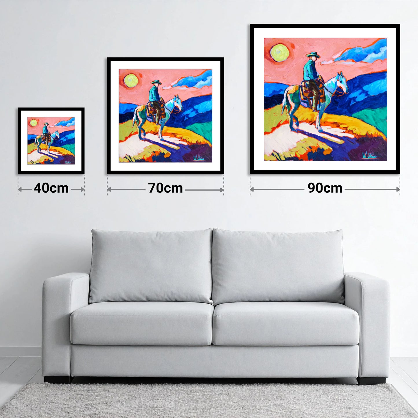 Technicolour Trail Rider - size guide showing 40cm, 70cm and 90cm art prints