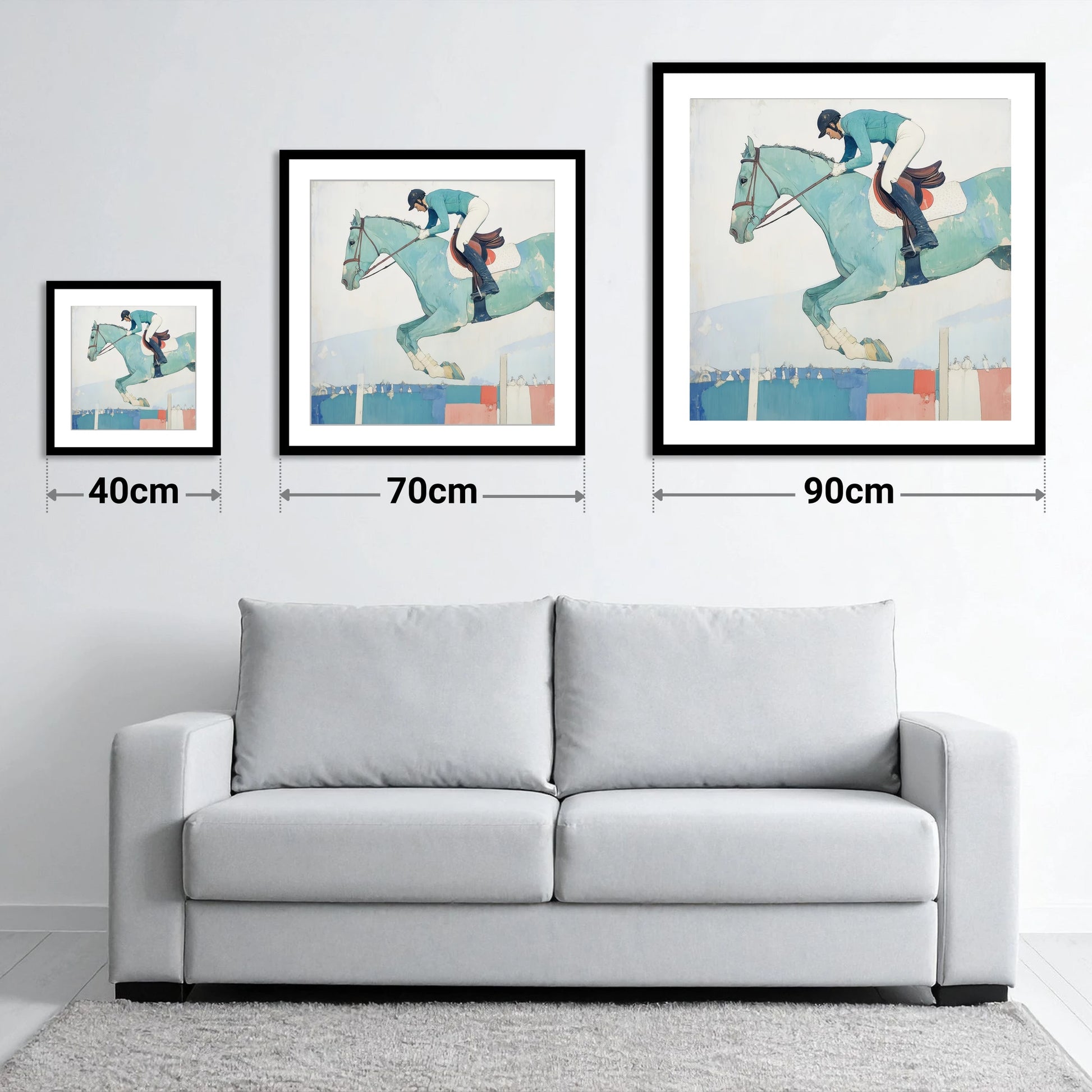 Aquamarine Ascent - size guide showing 40cm, 70cm and 90cm art prints