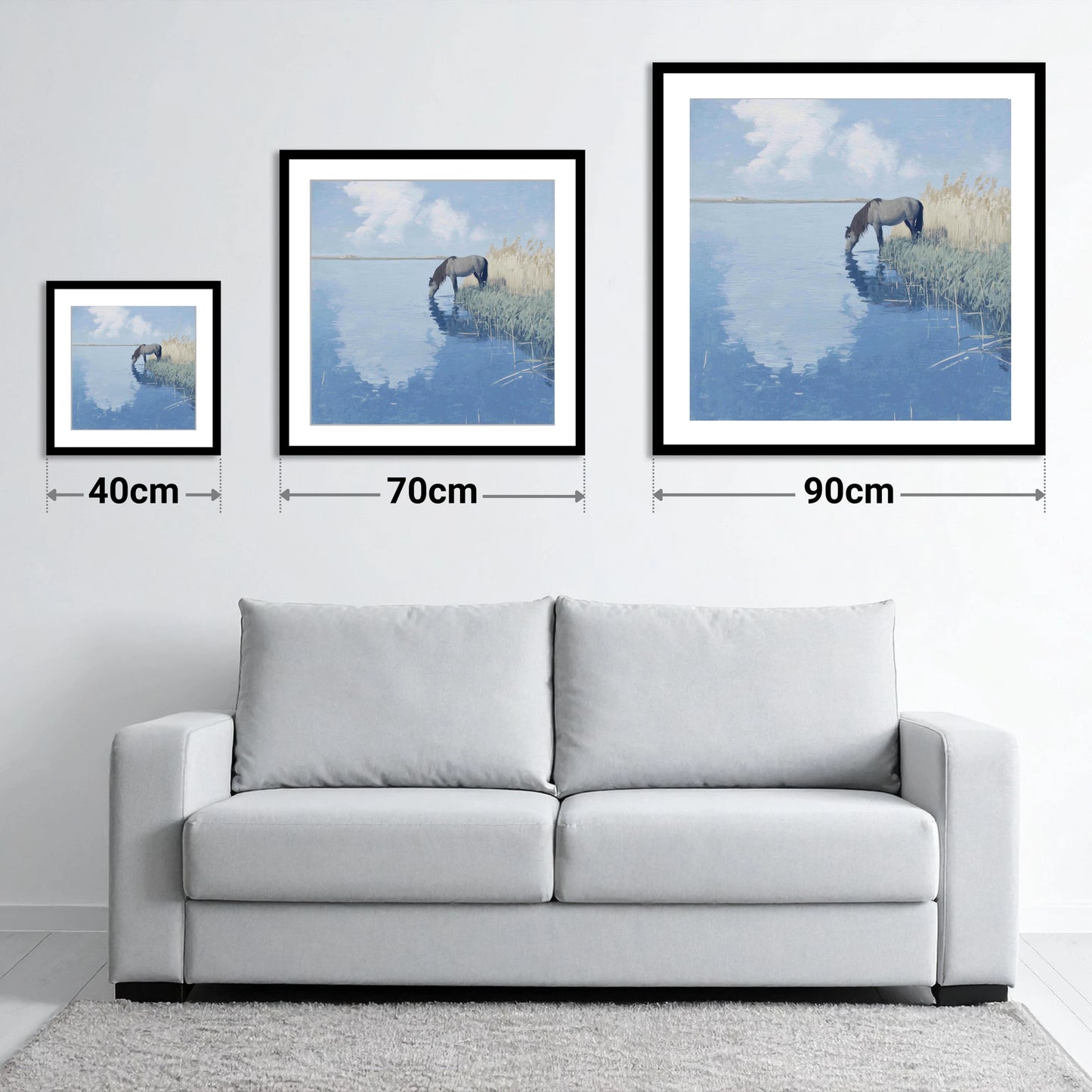 The Quiet Shallows - size guide showing 40cm, 70cm and 90cm art prints