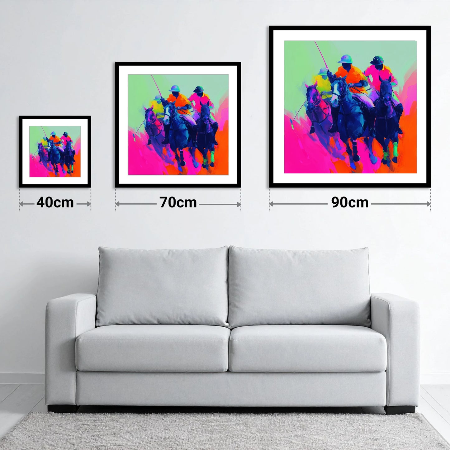 Pulse of the Match - size guide showing 40cm, 70cm and 90cm art prints