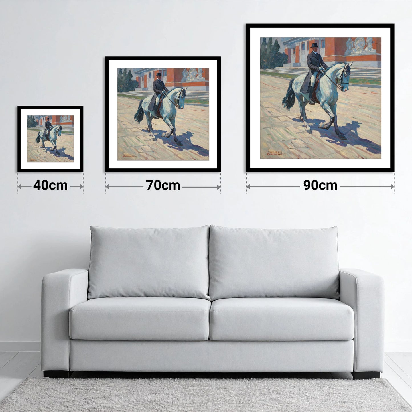 Sunlit Dressage Passage - size guide showing 40cm, 70cm and 90cm art prints