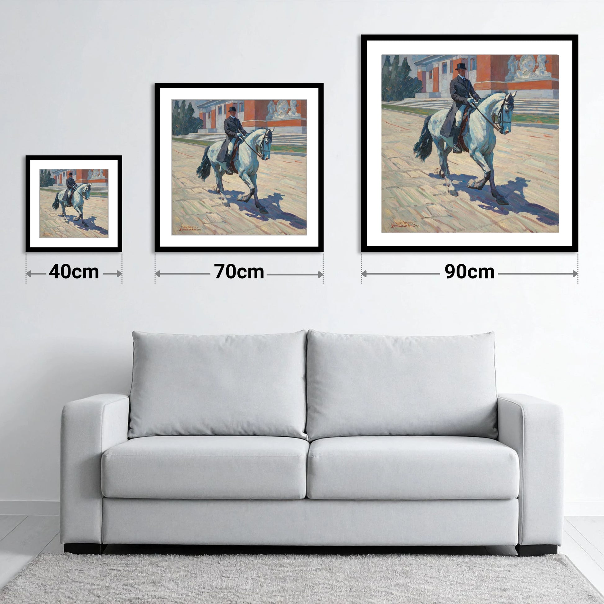 Sunlit Dressage Passage - size guide showing 40cm, 70cm and 90cm art prints