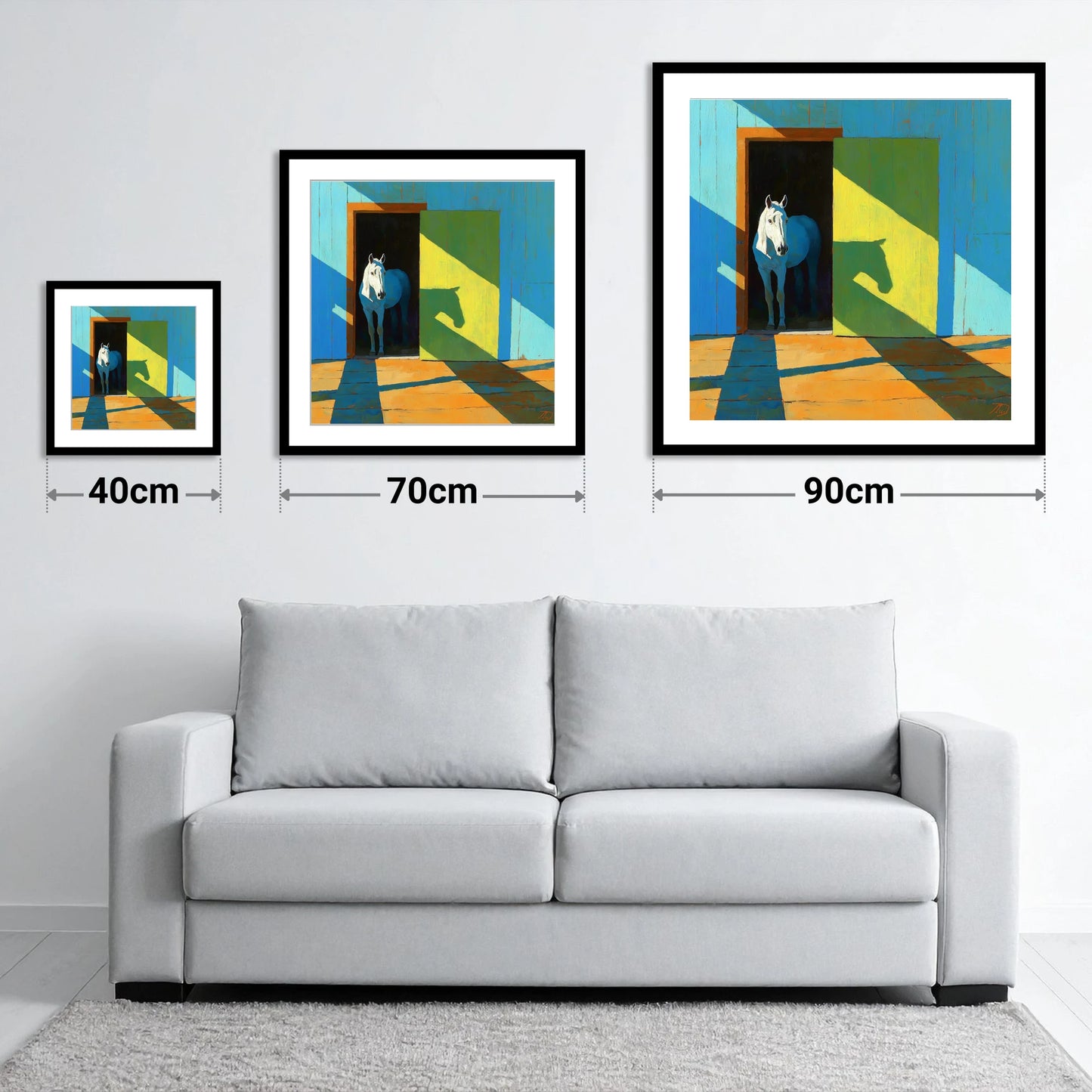 Sunlight and Silhouette - size guide showing 40cm, 70cm and 90cm art prints