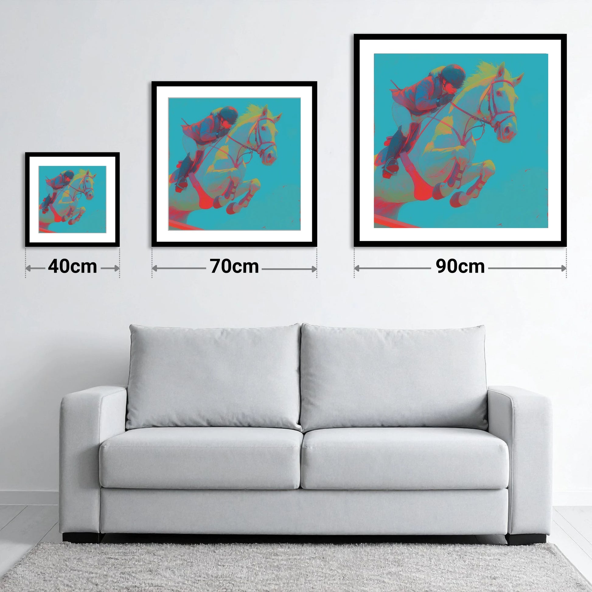 Vivid Airtime - size guide showing 40cm, 70cm and 90cm art prints