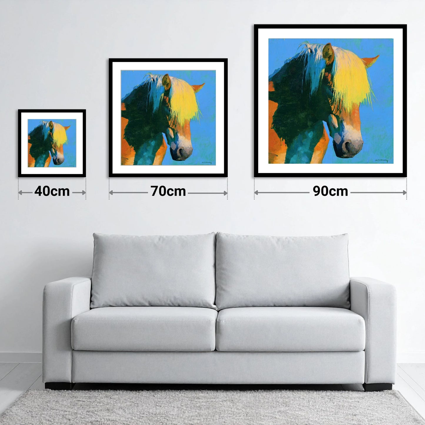 Colourful Chestnut Horse Profile - size guide showing 40cm, 70cm and 90cm art prints