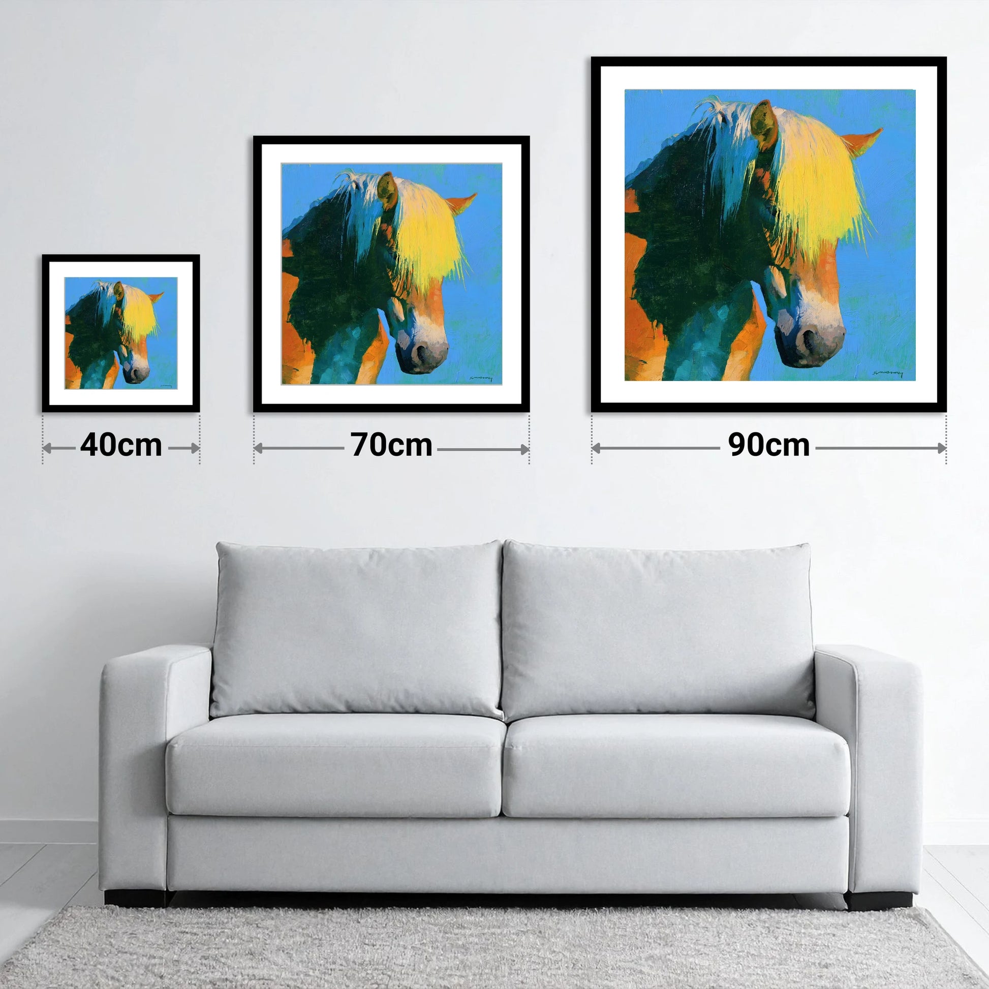 Colourful Chestnut Horse Profile - size guide showing 40cm, 70cm and 90cm art prints