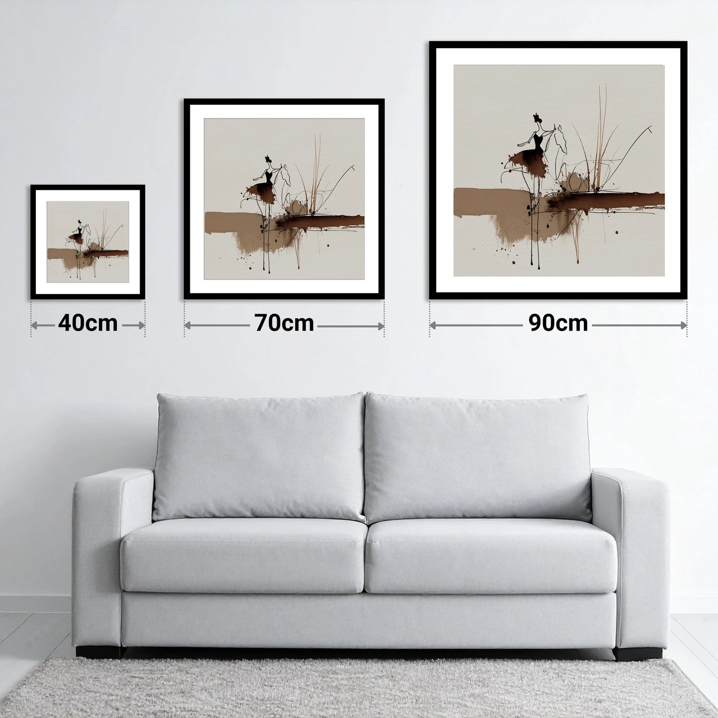 The Silent Dialogue - size guide showing 40cm, 70cm and 90cm art prints