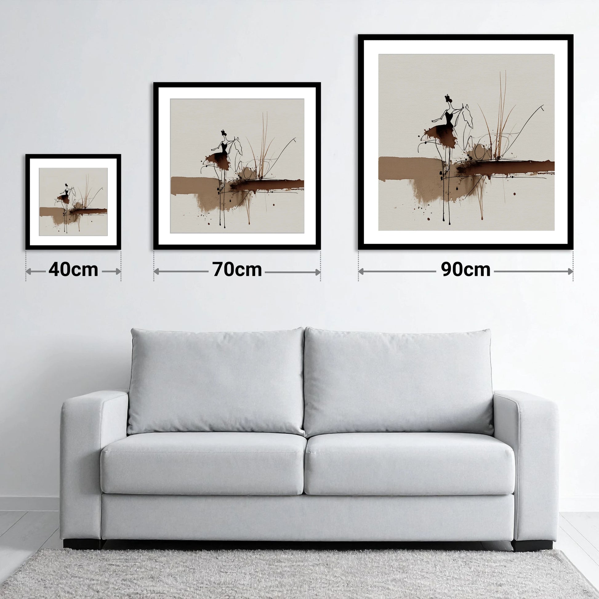The Silent Dialogue - size guide showing 40cm, 70cm and 90cm art prints