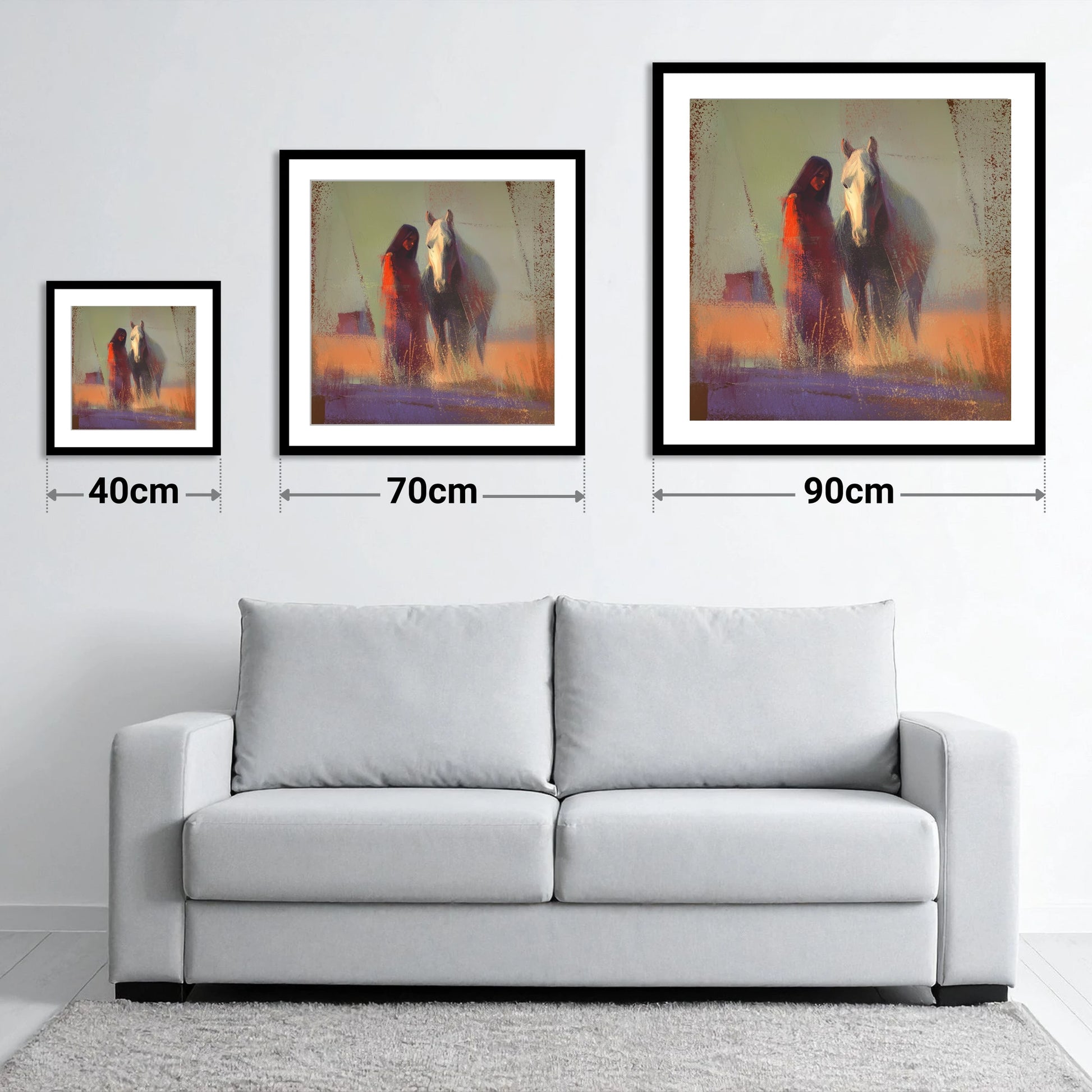 Whispers in the Haze - size guide showing 40cm, 70cm and 90cm art prints