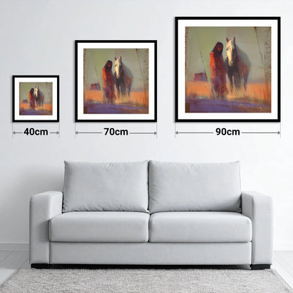 Whispers in the Haze - size guide showing 40cm, 70cm and 90cm art prints