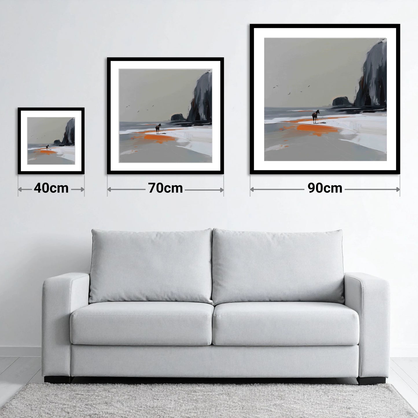 Solitary Shoreline - size guide showing 40cm, 70cm and 90cm art prints