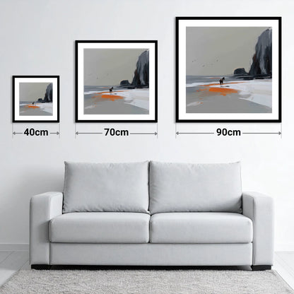 Solitary Shoreline - size guide showing 40cm, 70cm and 90cm art prints