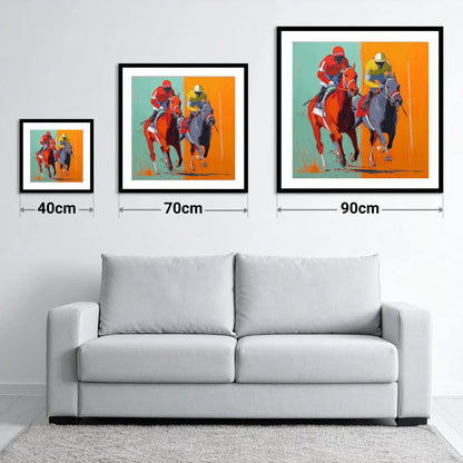 Neck and Neck - size guide showing 40cm, 70cm and 90cm art prints