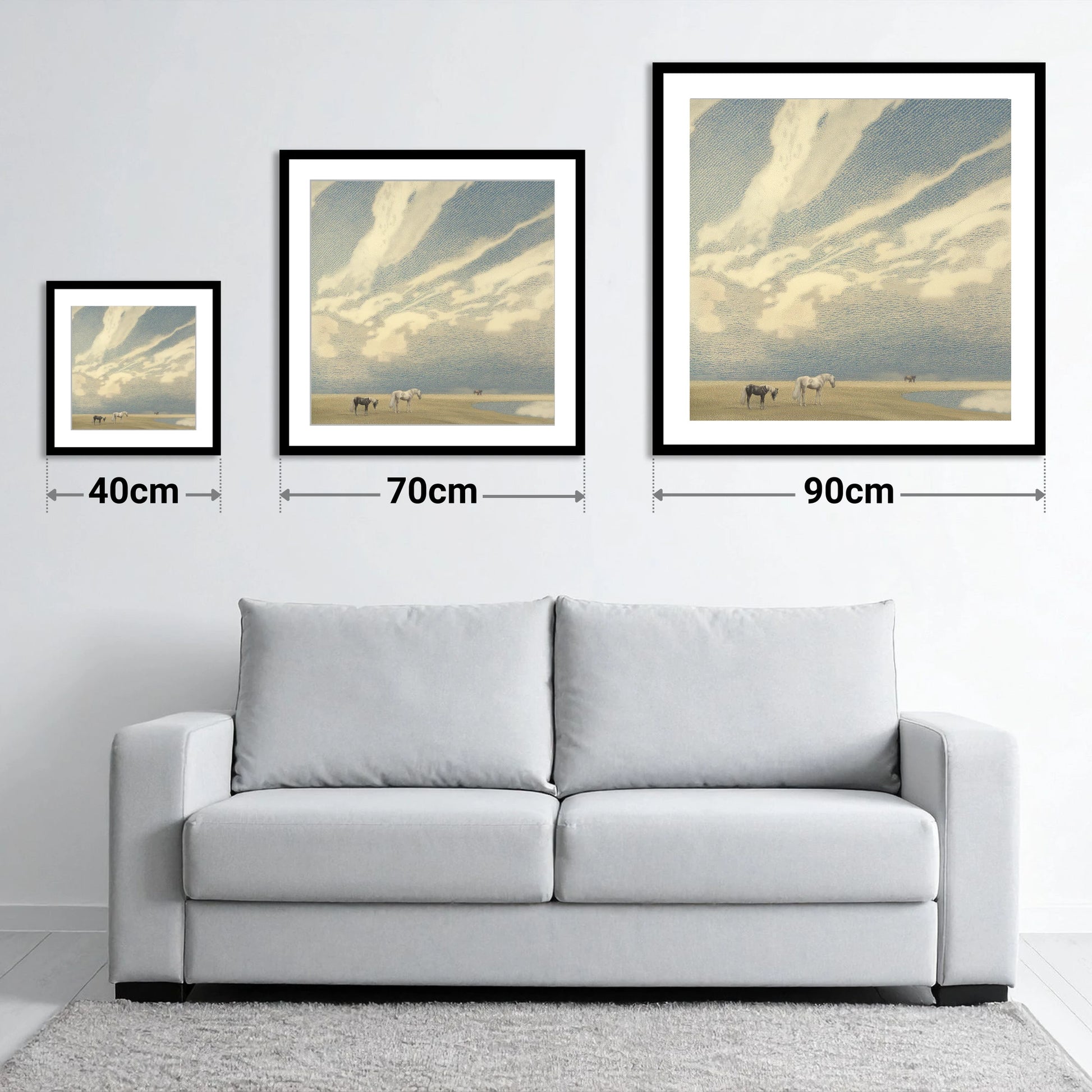 Sweeping Skies - size guide showing 40cm, 70cm and 90cm art prints