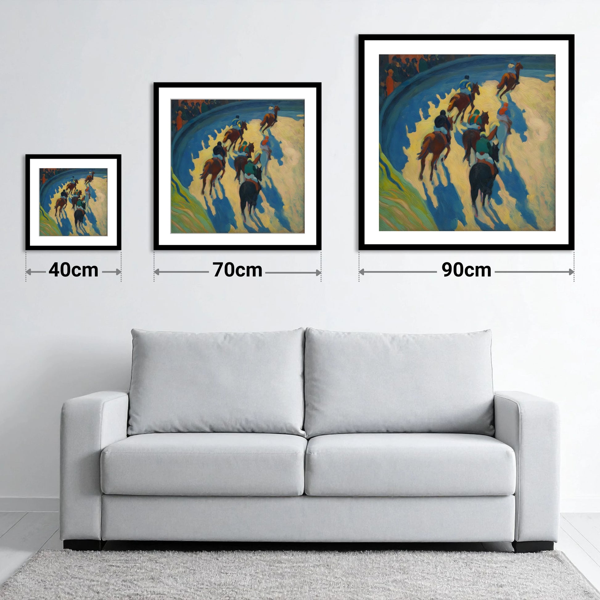 Shadows on the Bend - size guide showing 40cm, 70cm and 90cm art prints