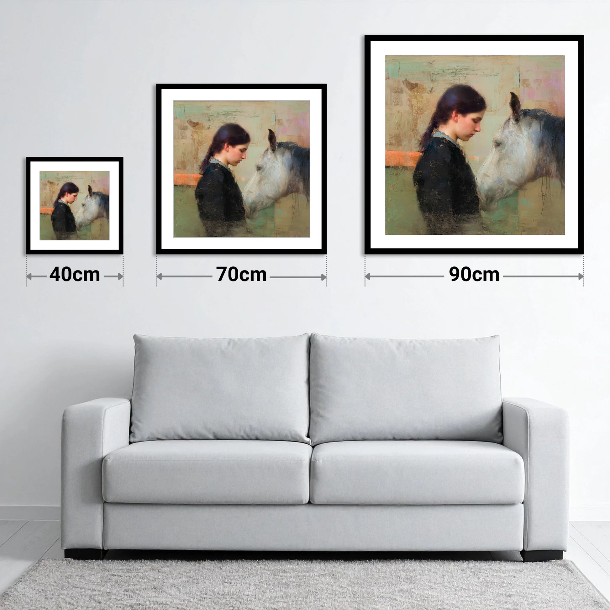 The Silent Bond - size guide showing 40cm, 70cm and 90cm art prints