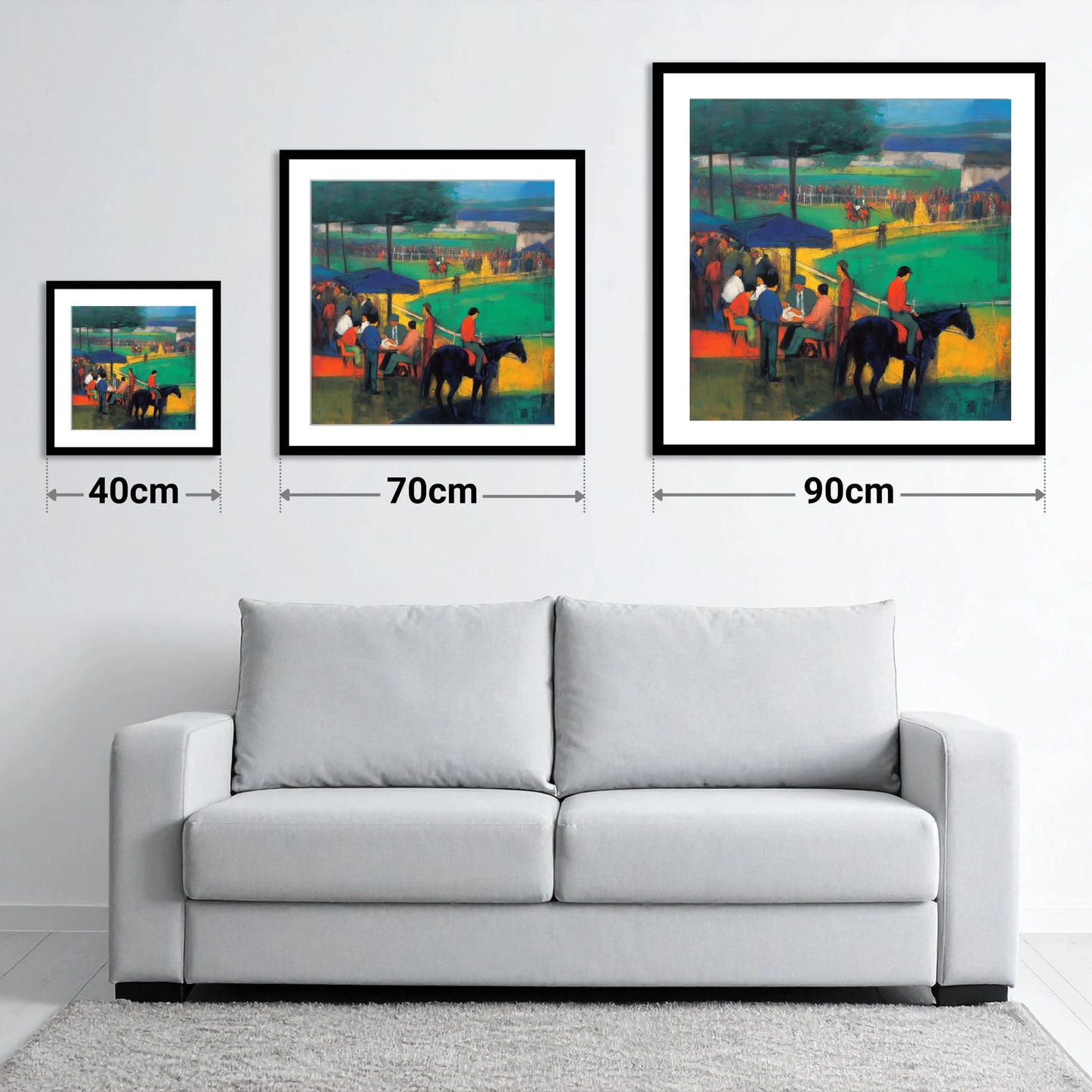 Anticipation at the Track - size guide showing 40cm, 70cm and 90cm art prints