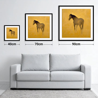 Golden Equine Silhouette - size guide showing 40cm, 70cm and 90cm art prints