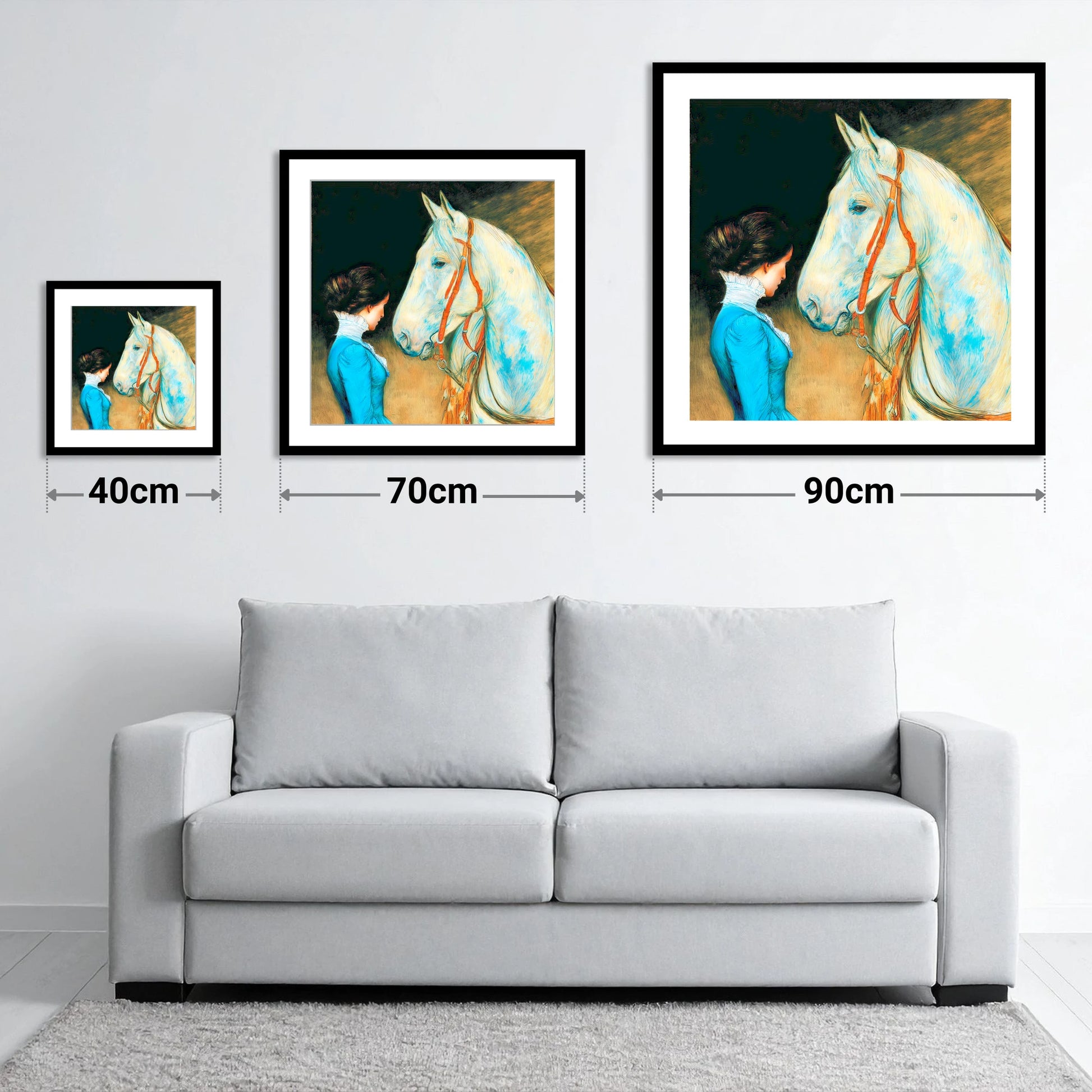 Cerulean Connection - size guide showing 40cm, 70cm and 90cm art prints