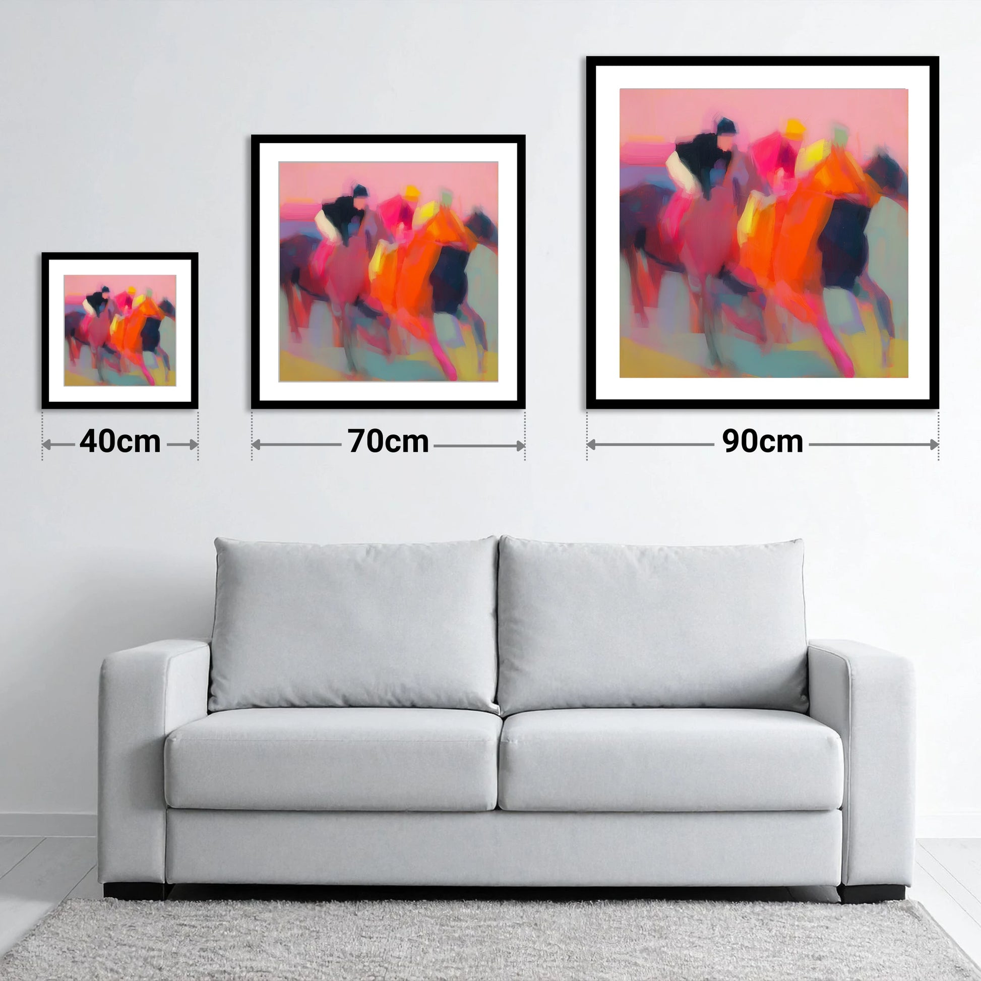 Vibrant Furlong - size guide showing 40cm, 70cm and 90cm art prints