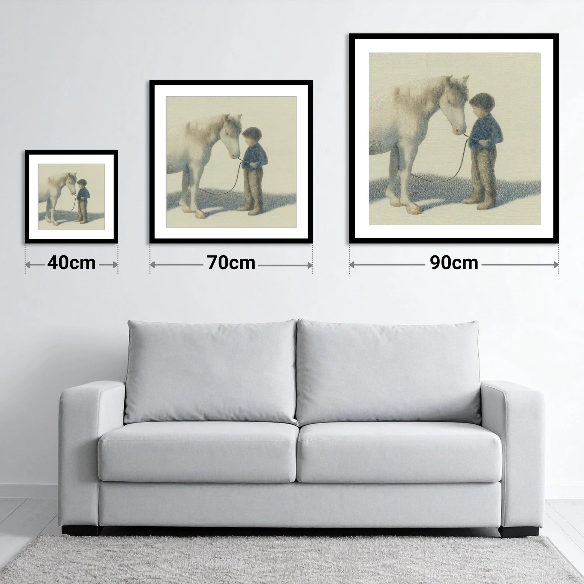 A Quiet Understanding - size guide showing 40cm, 70cm and 90cm art prints