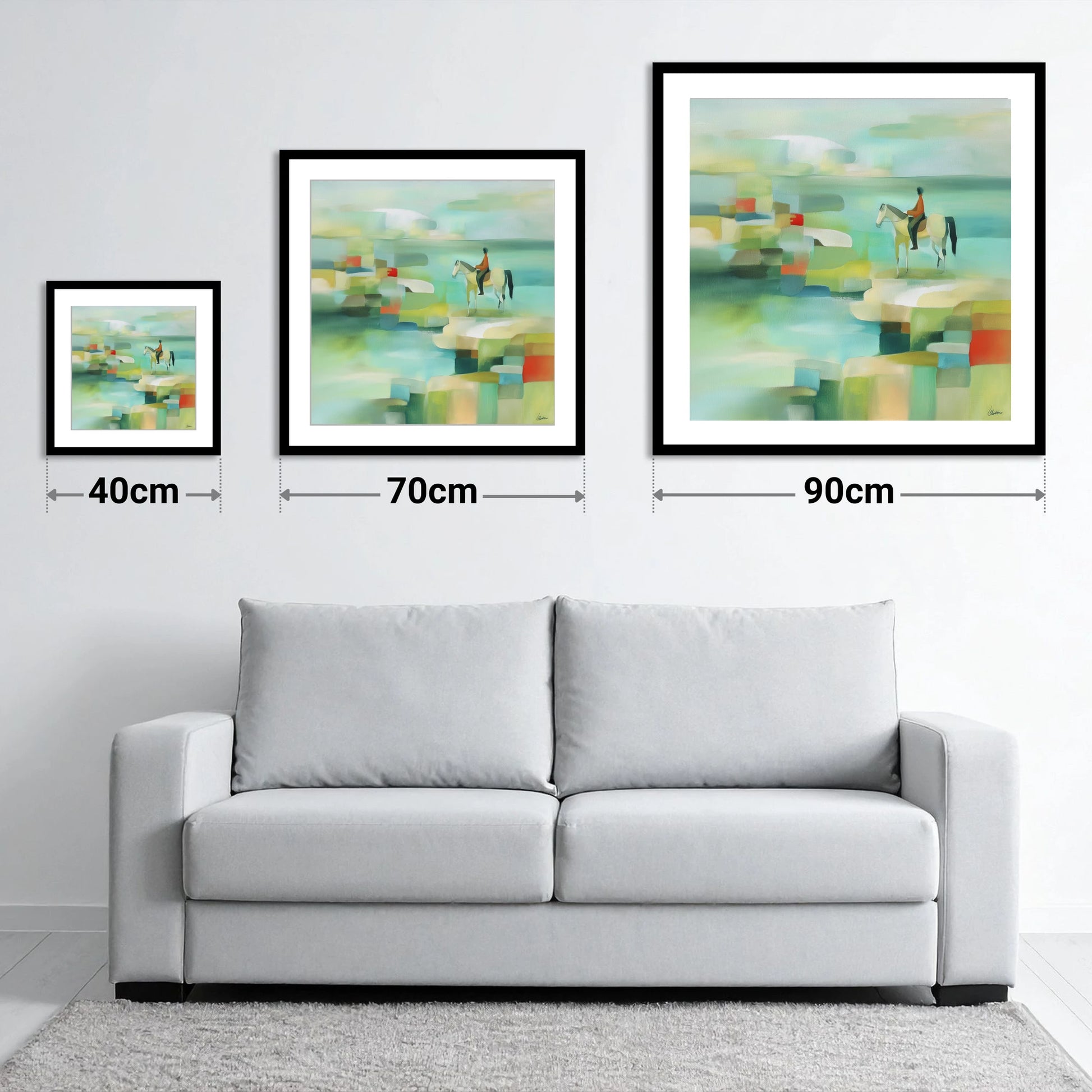Geometric Shoreline Rider - size guide showing 40cm, 70cm and 90cm art prints