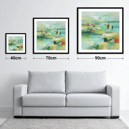 Geometric Shoreline Rider - size guide showing 40cm, 70cm and 90cm art prints
