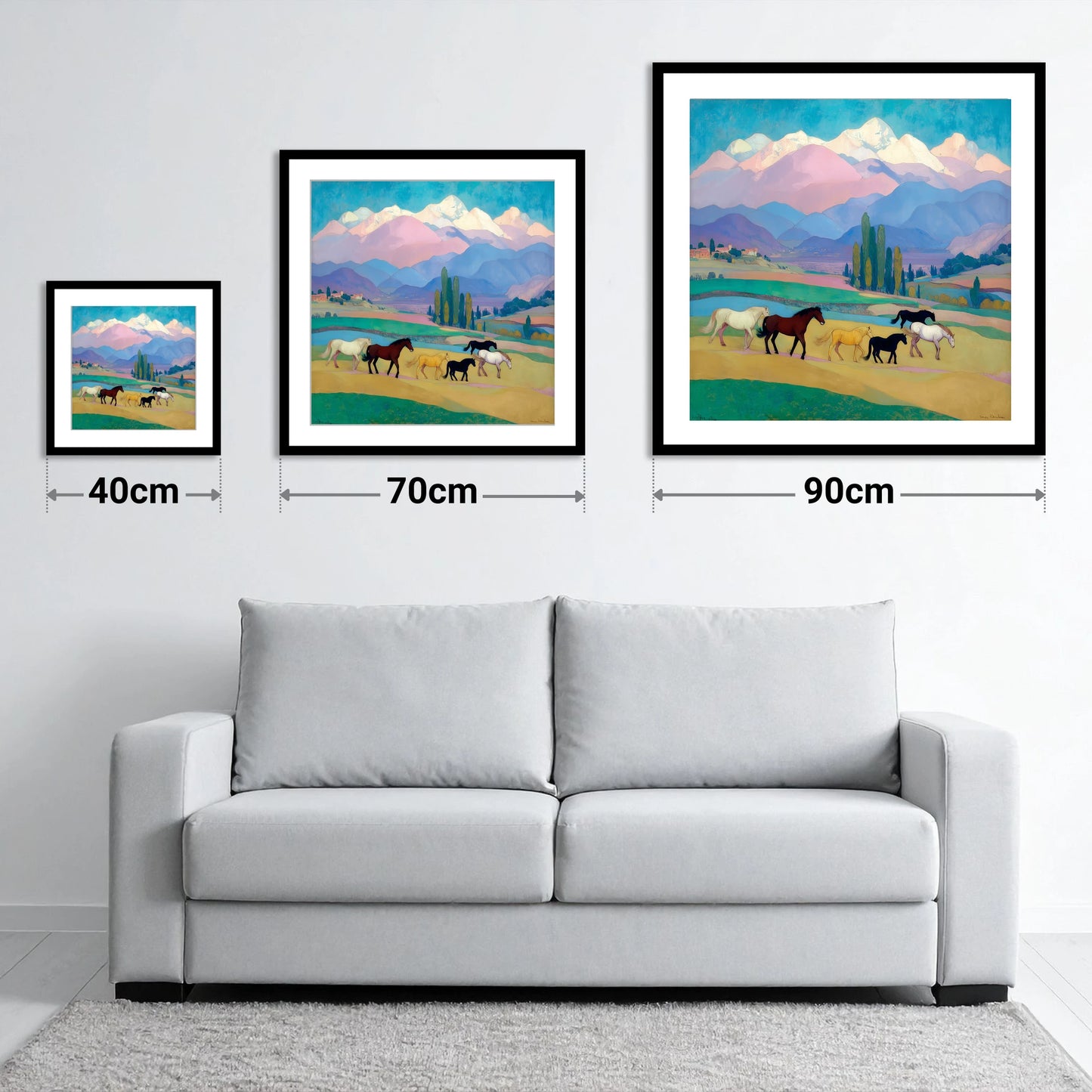Vibrant Alpine Herd - size guide showing 40cm, 70cm and 90cm art prints