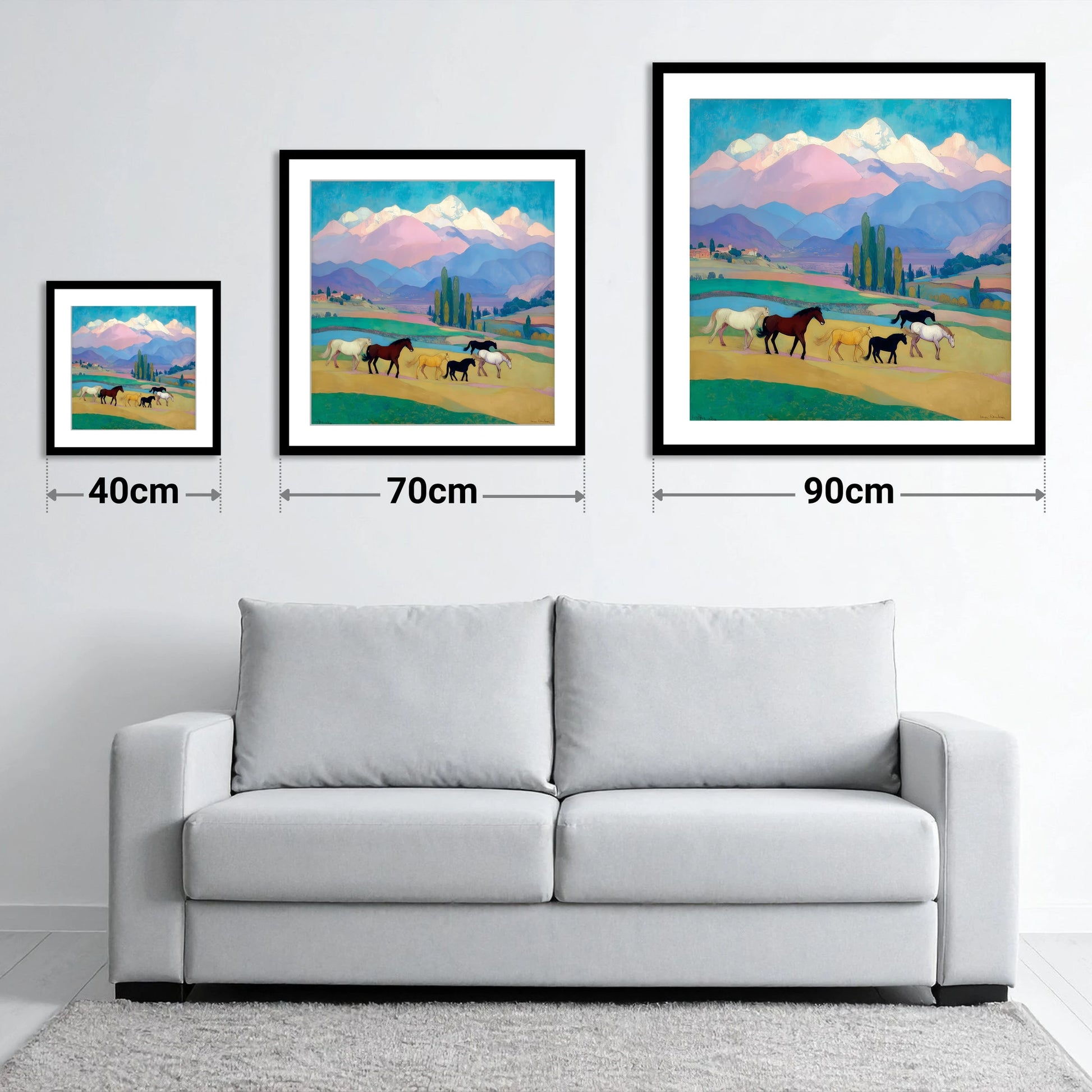 Vibrant Alpine Herd - size guide showing 40cm, 70cm and 90cm art prints