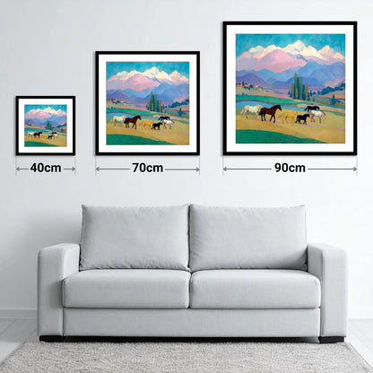 Vibrant Alpine Herd - size guide showing 40cm, 70cm and 90cm art prints