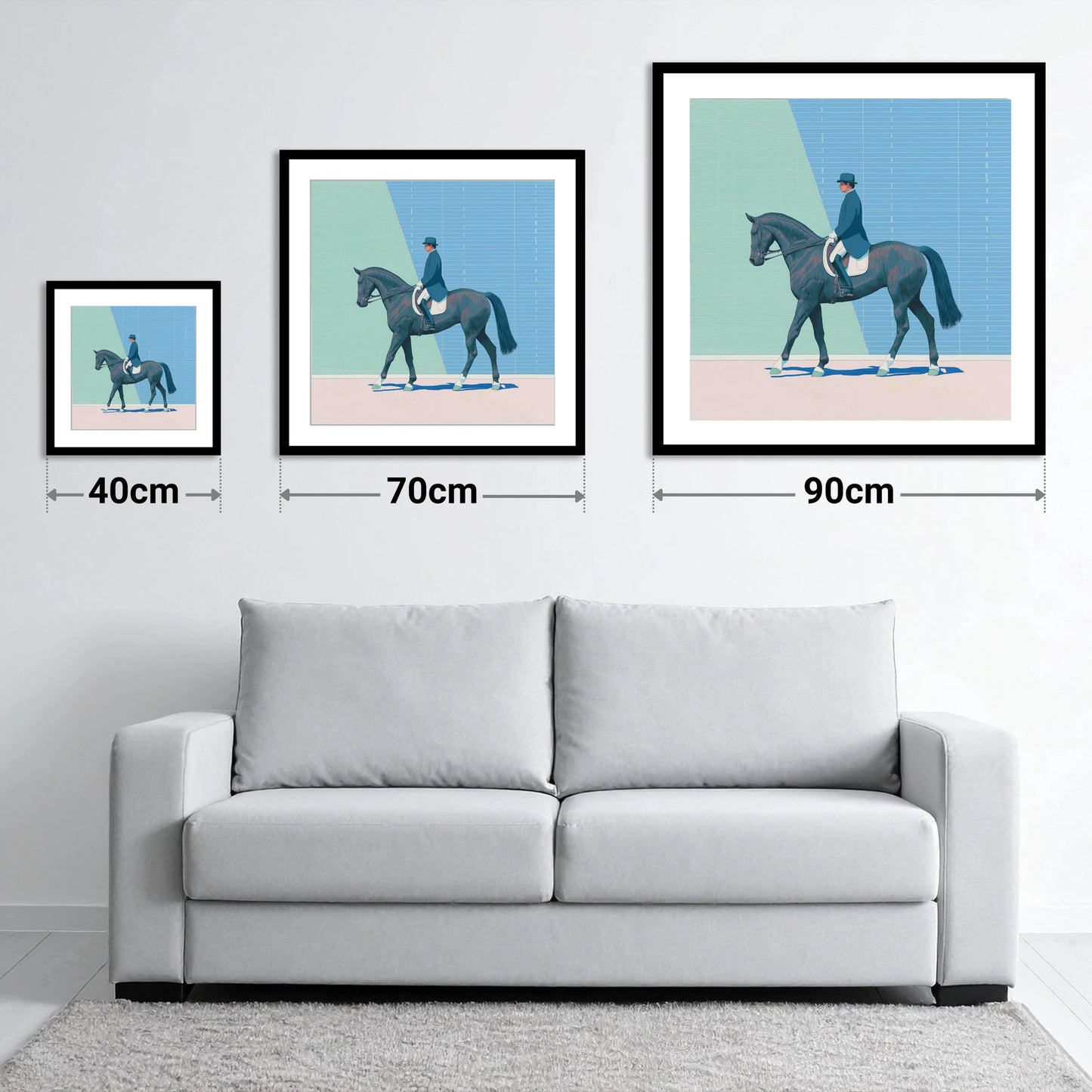 Rhythmic Precision - size guide showing 40cm, 70cm and 90cm art prints