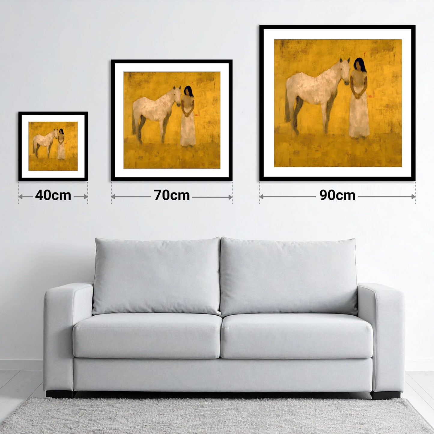 The Golden Bond - size guide showing 40cm, 70cm and 90cm art prints