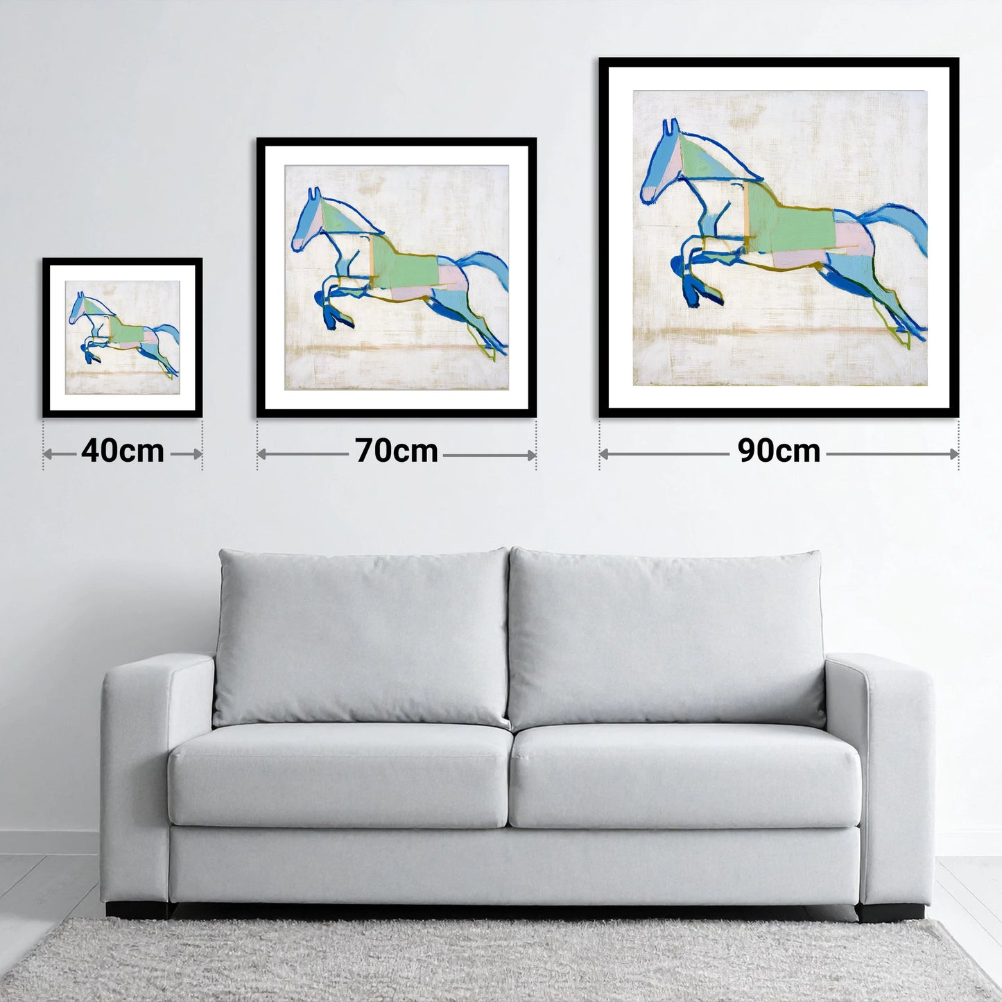 Geometric Azure Leap - size guide showing 40cm, 70cm and 90cm art prints