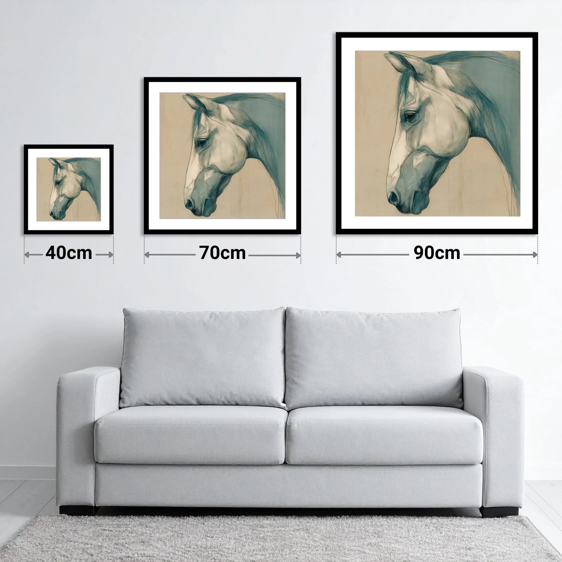 Teal Wash Portrait - size guide showing 40cm, 70cm and 90cm art prints