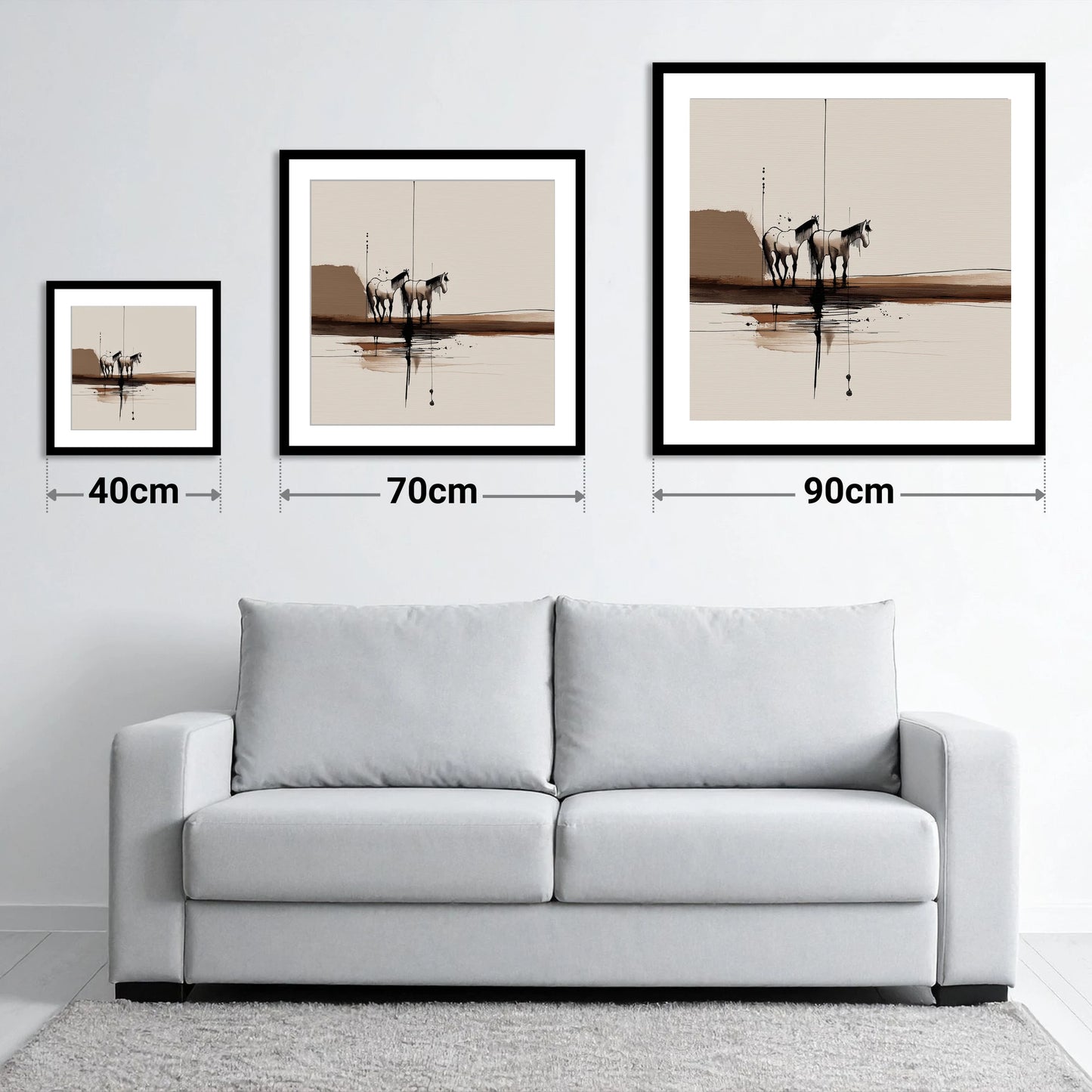 Silent Companions - size guide showing 40cm, 70cm and 90cm art prints