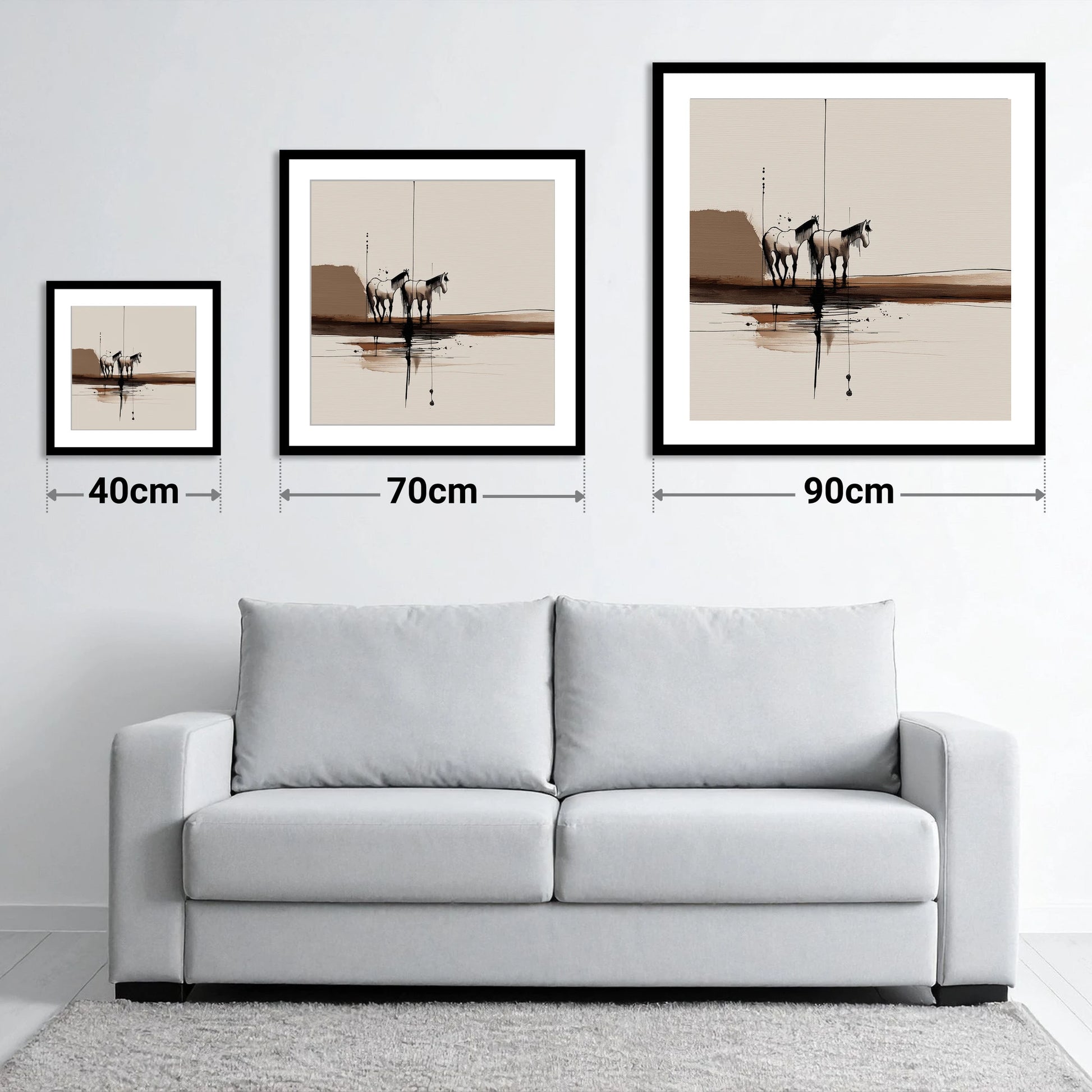 Silent Companions - size guide showing 40cm, 70cm and 90cm art prints