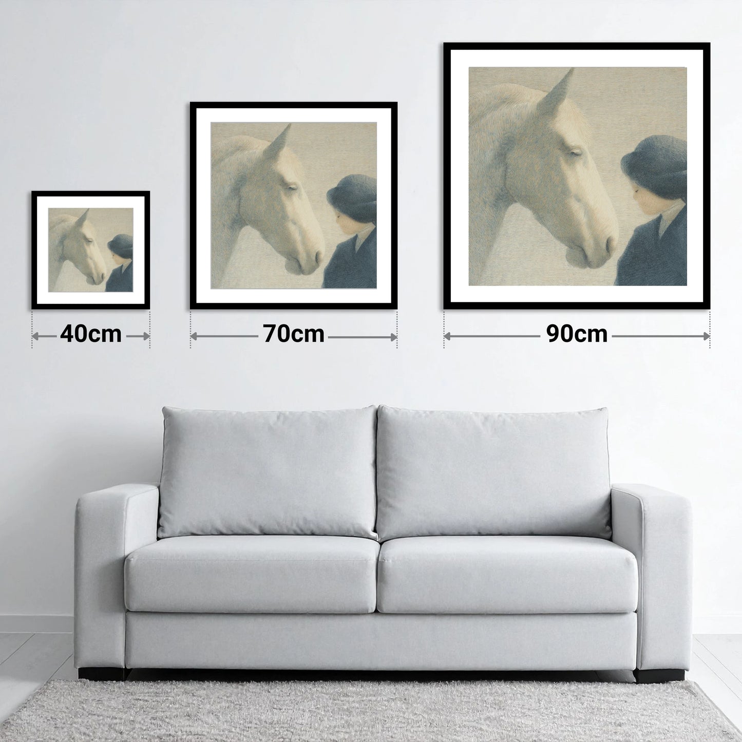 The Quiet Bond - size guide showing 40cm, 70cm and 90cm art prints