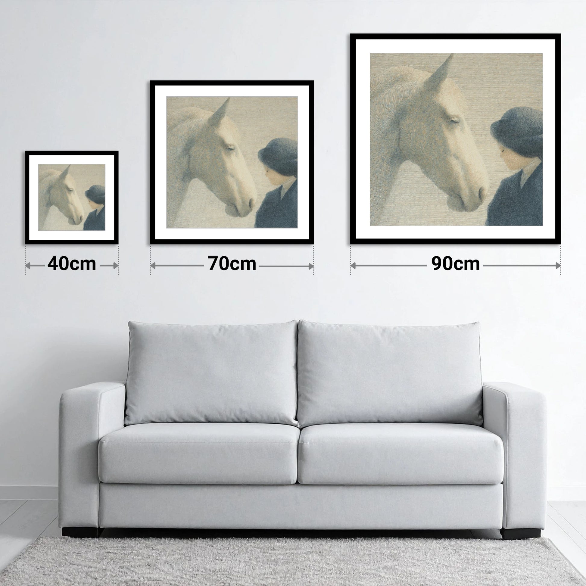 The Quiet Bond - size guide showing 40cm, 70cm and 90cm art prints