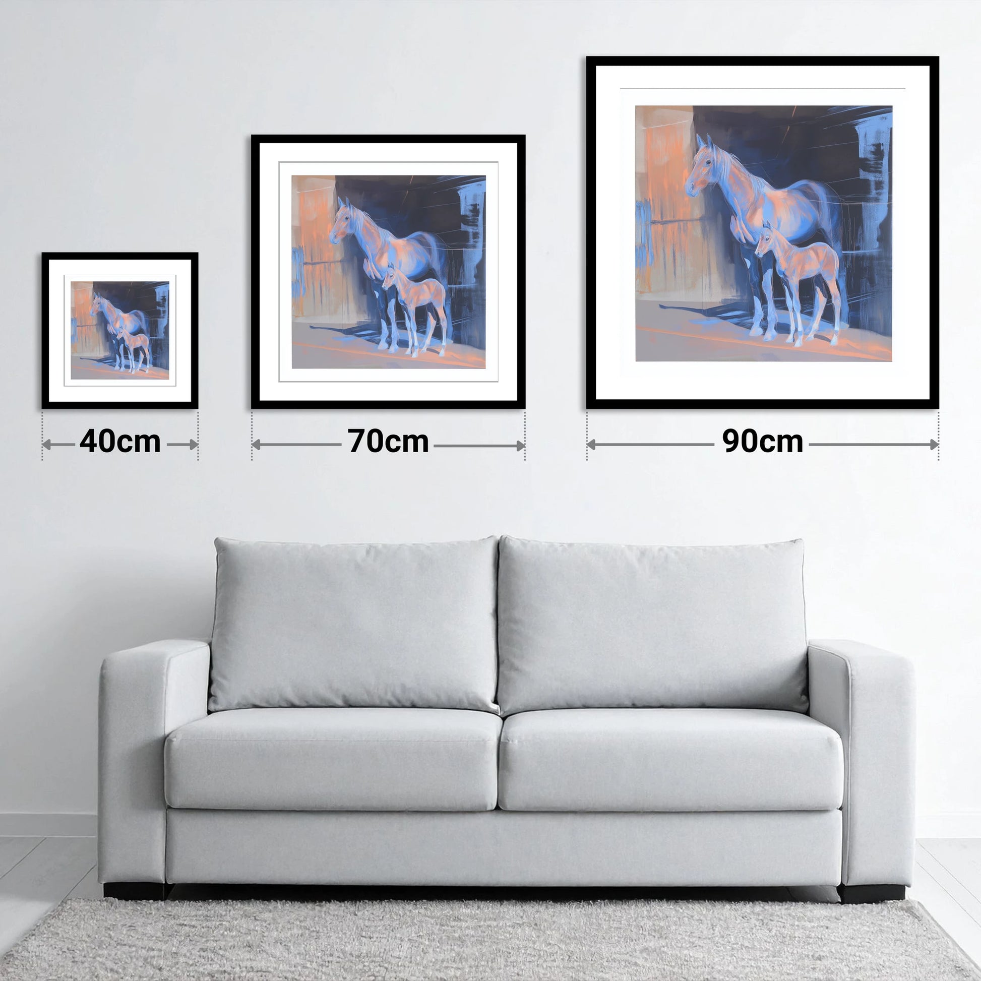 Luminous Mare And Foal - size guide showing 40cm, 70cm and 90cm art prints