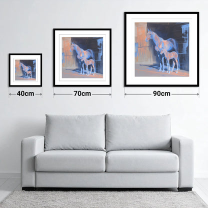 Luminous Mare And Foal - size guide showing 40cm, 70cm and 90cm art prints
